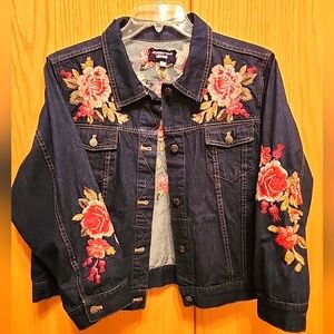 Johnny Was Workshop denim jean jacket flower embroidered boho girly sz PXXL